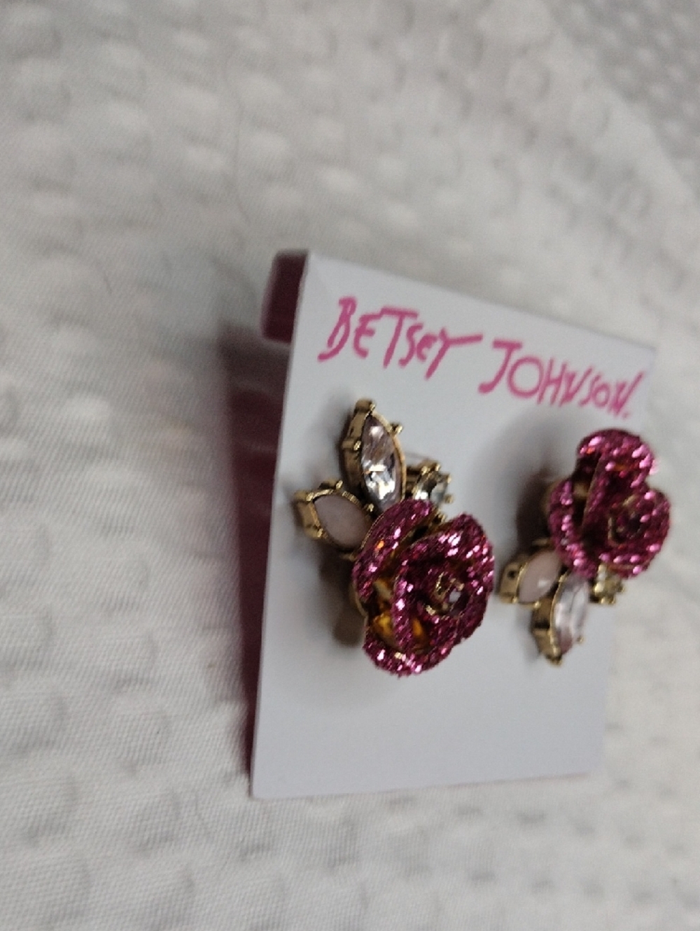 Betsey Johnson Sparkling Hot Pink Mismatch  Rose Stud Earrings With Accents - Picture 4 of 7